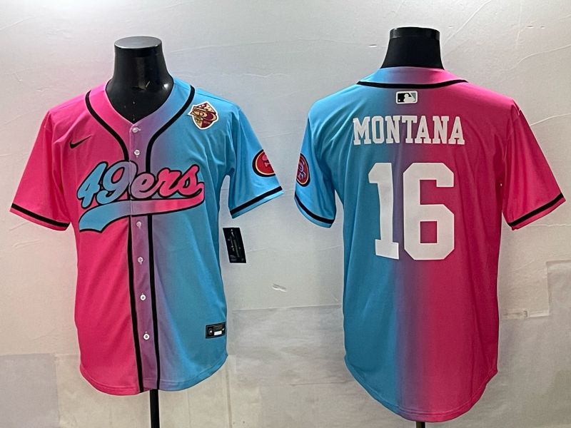 Men 2025 San Francisco 49ers 16 Montana Pink Blue Nike Limited NFL Jersey 08